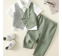 3 pièces/Set Bébé/Bébé Garçon Élégant Rayé Vert Costume de Gilet et Pantalon Couleur Contrastée, Tenue de Gentleman Convenant pour les Festivals, Mariages, Baby Shower, Baptême, Célébrations du 1er An