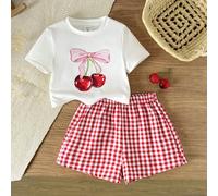 3 pièces/set Boîte surprise mystère, ensemble 2 pièces d'été pour jeunes filles, comprenant un haut ajusté à manches courtes imprimé papillon et cerise et un short à carreaux, convient pour le trajet 