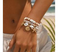 3 pièces/Set Bracelets faits main de style bohème avec perles de graines & fausses perles, bijoux de main pour femmes populaires et polyvalents avec décoration d'étoiles de mer & de coquillages, convi