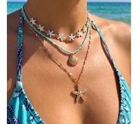 3 pièces/set Collier de perles de style bohème avec pendentif étoile de mer bleu, design unique de collier de perles de rocaille avec étoile de mer, multi-couches portable pour la vie quotidienne, les