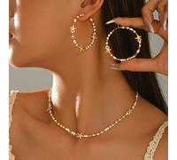 3 pièces/Set Collier et boucles d'oreilles bohèmes romantiques faits à la main avec perles, design de mode pour femmes, boucles d'oreilles créoles style océan avec décoration d'étoile de mer, ensemble