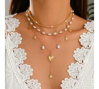 3 pièces/Set Collier multicouche de style bohème avec perles fausses, pendentif étoile rayonnante et cœur, collier doré de luxe, bijoux de cou à la mode pour femmes pour le port quotidien et les vacan