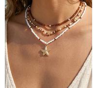 3 pièces/set Collier pendentif avec perles de rocaille et étoile de mer dorée, bijoux de style plage et océan minimaliste fait main pour femmes, longueur réglable, couleur de perles aléatoire or + bla