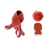 3 Pièces Set D’éponge de Bain Rouge en Fibre Longues Sangles