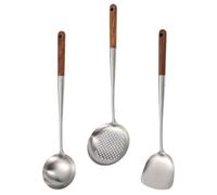 3 Pièces Set D’ustensiles Cuisine pour Wok, Spatule à Écumoire | Acier Inoxydable et Bois, Design Ergonomique, Compatible Lave-vaisselle, Usage Sûr pour Cuisson Variée