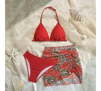 3 pièces Set de bikini, mini-jupe et cache-maillot pour adolescente avec imprimé léopard et floral 14Y,13Y,16Y,15YPlantes,Motif texturéTissu en tulle,Tissu du maillot de bain