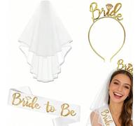 3 pièces Set de décoration de mariée - Comprend l'écharpe "Bride", le voile blanc et le serre-tête couronne ; Idéal comme cadeau de fête pour les futures mariées et décorations de mariage ; Convient p