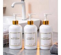 3 pièces Set de distributeurs de salle de bain, pompes rechargeables, distributeurs transparents pour shampoing, après-shampoing, gel douche - Bouteille de savon - Décoration de salle de bain blanche,