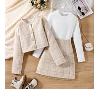 3 pièces Set de jupe tailleur avec motif à carreaux, veste à chevrons et boutons devant et Top à col rond unicolore pour filles pré-adolescentes. Veste à manches longues et élégante avec Top à col ron