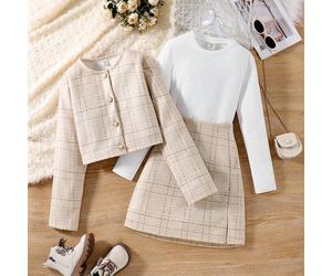 3 pièces Set de jupe tailleur avec motif à carreaux, veste à chevrons et boutons devant et Top à col rond unicolore pour filles pré-adolescentes. Veste à manches longues et élégante avec Top à col ron