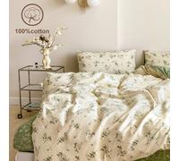 3 pièces Set de literie à fleurs Ditsy, motif de cérémonie du thé en vert et beige, confortable ensemble de housse de couette imprimée et taies d'oreiller pour lit simple/double/queen/king 135*200,150