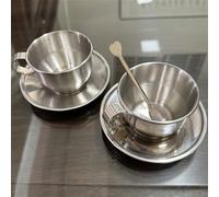 3 pièces Set de tasses à café style européen en acier inoxydable avec cuillère à café, avec tasse et soucoupe. Set de tasses à café avec isolation thermique. Tasse à lait à usage multiple style europé