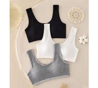 3 pièces/set Débardeur de sport réversible à côtes avec nœud, confortable et doux, pour femmes et adolescentes, combinaison de trois couleurs blanc pur, noir et rose, style mode simple 14Y,12Y,13Y,15Y