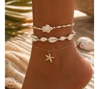 3 pièces/Set Décoration de pendentif style vacances avec coquille de tortue et étoile de mer avec perles de graines blanches & dorées, bijoux de cheville dorés à la mode pour femmes, convient pour le 