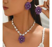 3 pièces/set Ensemble de bijoux style bohème fleurs violettes, boucles d'oreilles à fleurs mates et collier de perles baroques, bijoux de mode élégants pour femmes, convient pour les vacances d'été, l