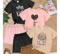 3 pièces/set Ensemble de t-shirt à manches courtes et short pour jeune fille, imprimés léopard, cœur, caméra, fleur, slogan, tenue de base 8Y,9Y,10Y,11Y,12YGéométrique,Cœur,Lettres,Motif texturéTissu