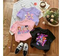 3 pièces/set Ensemble de Top à manches courtes pour jeune fille, style décontracté d'été, mode créative personnalisée, minimaliste fraîche, imprimé de fille virtuelle, pentagramme coloré, étoile, lett