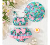3 pièces/set Ensemble décontracté mignon pour bébé/bébé fille comprenant un débardeur, un brassière et un slip avec un chapeau, imprimé à carreaux 6-9M,9-12M,12-18M,18-24M,3-6MPlantesPolyester