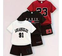 3 pièces/Set Ensemble t-shirt à manches courtes et short pour bébé garçon, avec imprimés drôles et amusants : lunettes de soleil, ours, silhouette de voiture, couronne, slogan en lettres 6-9M,9-12M,12