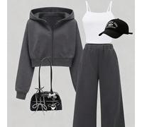 3 pièces/Set Filles Décontracté Minimaliste Camisole + sweat-shirt à capuche Zippé Court + Pantalon Jambe Large, Convient pour le Port Quotidien 8Y,9Y,10Y,11Y,12YUnicoloreTissu tricoté