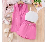 3 pièces Set formel pour jeune fille : Veste blazer rose, débardeur en tricot décoré de perles, shorts pour filles. Tenue élégante pour vacances décontractées 6Y,7Y,8Y,4Y,5YUnicoloreÉtoffe,Tricot côte