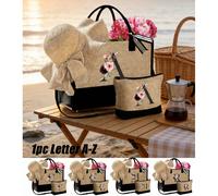 3 pièces/set Grand sac fourre-tout de plage avec sangle, comprenant un chapeau de plage et un sac cosmétique, sac accessoire de plage avec lettre A-Z et poche latérale, sac cadeau personnalisé, sac de