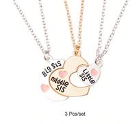 3 pièces/set Grand-sœur Sœur moyenne Petit-sœur Pendentif en forme de cœur Collier pour BFF et couples pour l'école Meilleurs amis Amitié à jamais Accessoires de fête Bijoux Cadeau Collier Populaire G