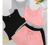 3 pièces/Set Haut sans manches et short pour femme, ensemble de pyjama en polyester fin de couleur unie minimaliste et confortable, convient pour le printemps/été, noir/gris/rose 6 pièces L,M,S,XLUnic