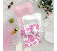 3 pièces/set Hauts tubes polyvalents et décontractés pour femmes grandes tailles, convenant pour le port quotidien en été 0XL,1XL,2XL,3XL,4XLFloralÉtoffe