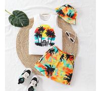 3 pièces/Set Jeune garçon Hawaïen Haut sans manches imprimé forêt tropicale et palmier, short et chapeau. Pour vacances, congés, été 6Y,7Y,4Y,5YTie dyePolyester,Tissu tissé