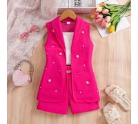 3 pièces/set Jeunes filles à la mode Chic Fuchsia Floral Décoration de perle Débardeur + Camisole blanche + Short assorti, Tenue élégante de princesse pour l'été 6Y,7Y,8Y,4Y,5YUnicoloreTissu tricoté