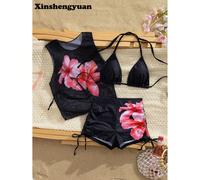 3 pièces/set Mode européenne et américaine, Nouvel An, Saint-Valentin Costumes, Coussin de maillot de bain détachable, Ensemble de bikini décontracté mignon à col ras-du-cou dos nu avec cordon de serr