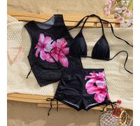 3 pièces/set Mode européenne et américaine, Nouvel An, Saint-Valentin Costumes, Coussin de maillot de bain détachable, Ensemble de bikini décontracté mignon à col ras-du-cou dos nu avec cordon couliss