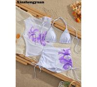 3 pièces/set Mode européenne et américaine, Nouvel An, Saint-Valentin, Costumes, Coussinets de maillot de bain amovibles, Ensemble de bikini décontracté mignon à col ras-du-cou dos nu avec cordon coul