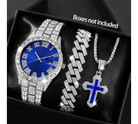 3 pièces/Set Montre Quartz Calendrier Sportive Décontractée pour Hommes, Collier Croix et Bracelet, Ensemble Cadeau Accessoire de Mode Taille UniqueAlliage de zinc