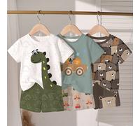3 pièces/set Nouveaux ensembles assortis d'été pour tout-petits garçons avec imprimés de dinosaures/voitures/ours, mignons et confortables pour le quotidien/l'extérieur 6-9M,9-12M,12-18M,18-24M,2-3YAn