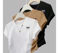 3 pièces/set Nouveaux hauts d'été pour femmes, noir, blanc, kaki, motif imprimé papillon, coupe ajustée à la taille, mode polyvalente, rentrée scolaire, fête des enseignants, t-shirt pour femmes L,M,S