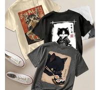 3 pièces/set Nouveaux t-shirts d'été décontractés et mignons pour grandes tailles, imprimés de chats mangeant du ramen et des sushis. Modèle minimaliste à col rond et manches courtes en noir, abricot