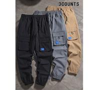 3 pièces/set Pantalon cargo casual grande taille pour hommes avec multi-poches, patch lettrage, design cordon élastique, vêtements d'automne 2XL,3XL,4XL,5XL,6XLLettresTissu tissé