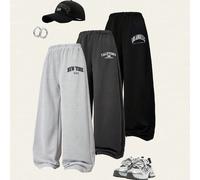 3 pièces/Set Pantalon large tricoté à la mode imprimé pour adolescentes, série minimaliste avec lettres "NEW YORK", polyvalent pour le casual/le sport/l'école, automne/hiver 14Y,13Y,16Y,15YgraphiquePo