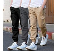 3 pièces/Set Pantalons longs pour garçons/adolescents, style cargo léger tissé non extensible de couleur unie avec poches, printemps/automne, décontracté polyvalent et à la mode, convient pour les 4-1