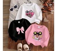 3 pièces/set Pulls à col ras du cou en tricot à manches longues avec motifs de cœurs et nœuds, style décontracté pour l'école, blanc et rose, pour bébé fille de 6 mois à 3 ans 6-9M,9-12M,12-18M,18-24M