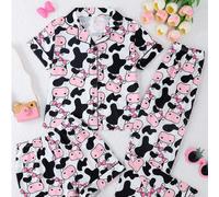 3 pièces/Set Pyjama décontracté mignon pour filles avec imprimé vache de dessin animé, col polo, manches courtes, cardigan, short et pantalon. Ignifuge, toutes saisons 8Y,9Y,10Y,11Y,12YCartoonTissu tr
