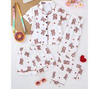 3 pièces/Set Pyjama décontracté pour filles avec imprimé ours de bande dessinée, col polo, manches courtes, cardigan, short et pantalon. Ignifuge, toutes saisons 8Y,9Y,10Y,11Y,12YNoëlTissu tricoté