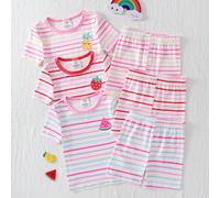 3 pièces/set Pyjamas courts à manches courtes pour tout-petites filles avec motifs rayés colorés, fraises, ananas, pastèque. Boîte mystère avec livraison aléatoire 6Y,7Y,4Y,5YCartoon,Rayé,Fruits & lég