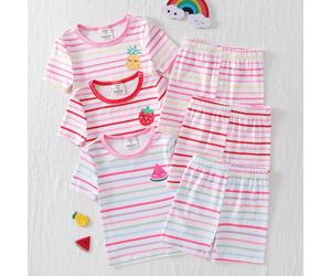 3 pièces/set Pyjamas courts à manches courtes pour tout-petites filles avec motifs rayés colorés, fraises, ananas, pastèque. Boîte mystère avec livraison aléatoire 6Y,7Y,4Y,5YCartoon,Rayé,Fruits & lég