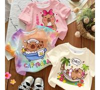 3 pièces/set Série mignonne de capybaras, blanc crème, rose crème, tie-dye arc-en-ciel de dopamine. T-shirts basiques à col ras du cou, manches courtes, style minimaliste décontracté, convenant pour l