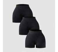 3 pièces/set Shorts côtelés en jersey noir pour adolescentes, taille élastique, shorts de sport décontractés de couleur unie à taille haute, peuvent être portés à l'intérieur ou à l'extérieur 14Y,13Y,