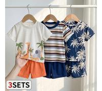 3 pièces/set Style vacances bébé garçon Top à manches courtes tricoté avec imprimé mignon d'animaux et de palmiers à noix de coco rayés, assorti avec un short à taille élastique. Convient pour tenue d
