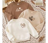 3 pièces/set Sweat-shirts amples à manches longues avec doublure thermique, style minimaliste décontracté pour jeune fille. Gamme de couleurs moka avec imprimés blanc crème, beige crème, roulé à la ca